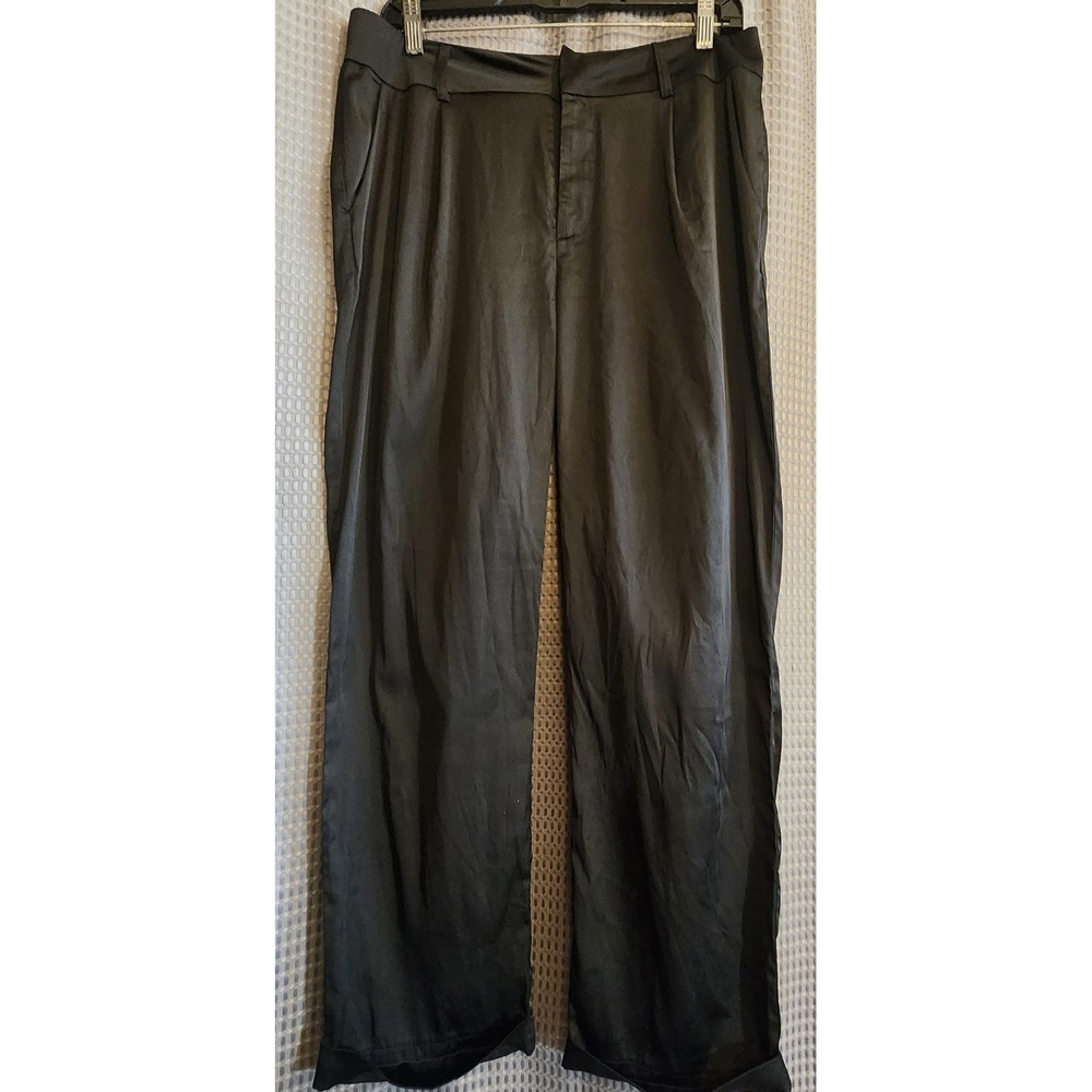 Akira Womens Black High Rise Wide Leg Trousers Satin Sheen Relaxed Fit Pants
